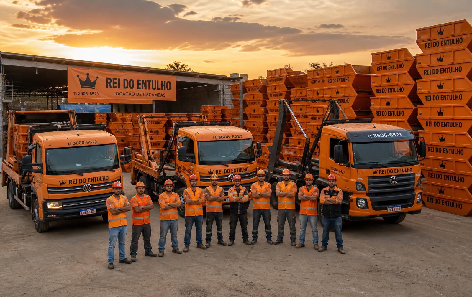 Pátio com frota de caçambas e equipe uniformizada do Rei do Entulho